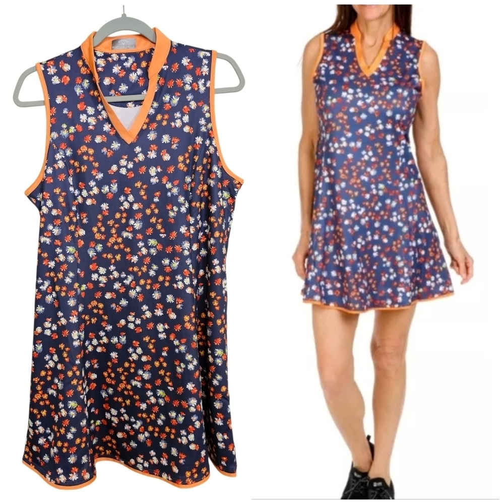 Callaway Opti Dri Sleeveless Gold Dress Floral Athletic Vneck